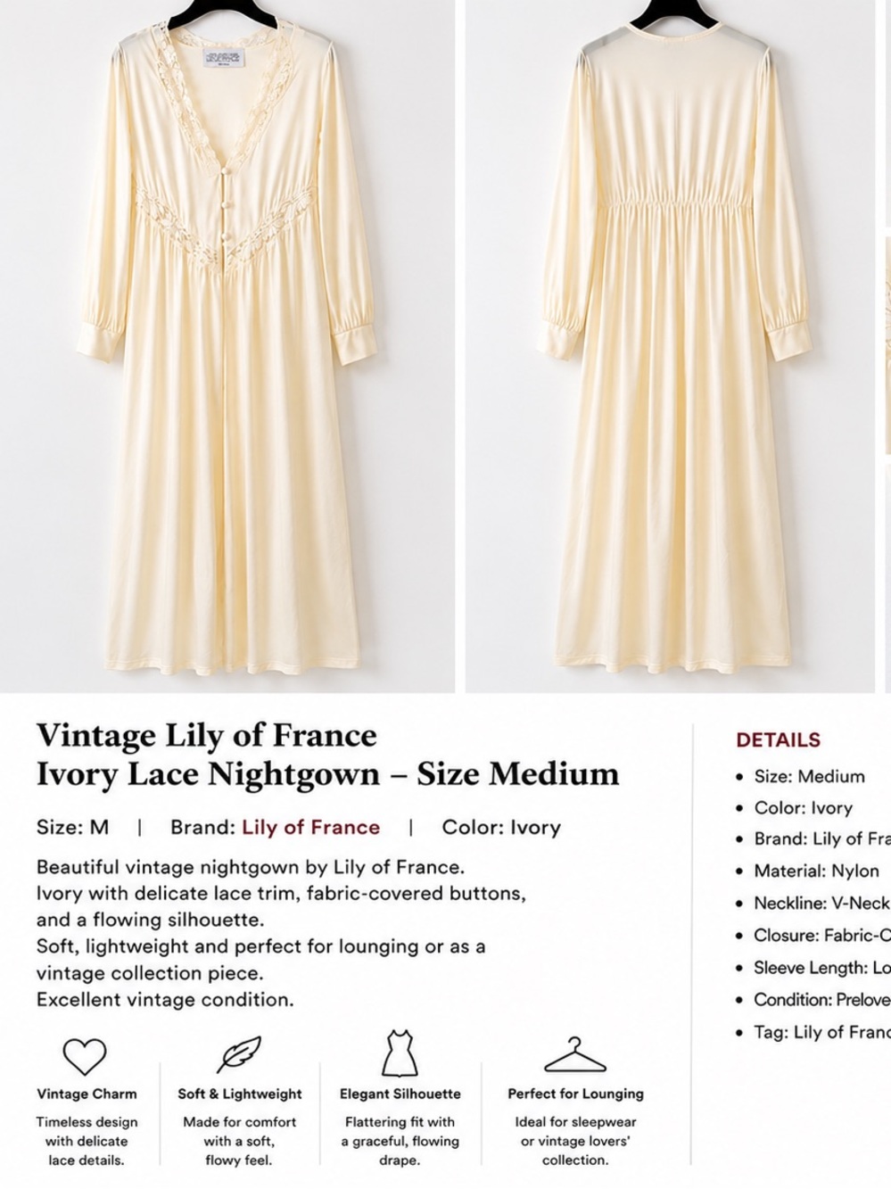 Lily of France Ivory Lace-Trim Long Nightgown